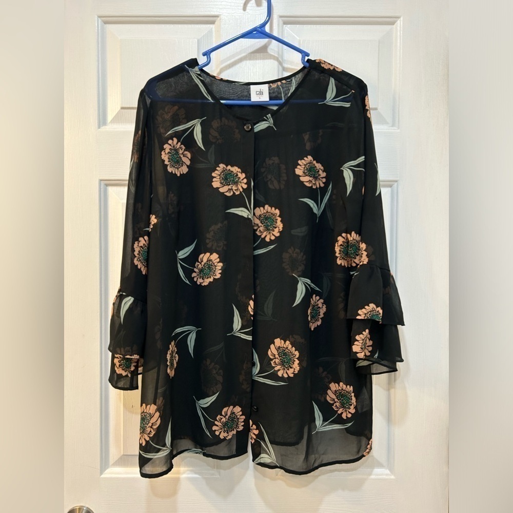 Cabi Black Floral Tunic Blouse Sheer Button Front Bell Sleeve Fairy Whimsigoth L
